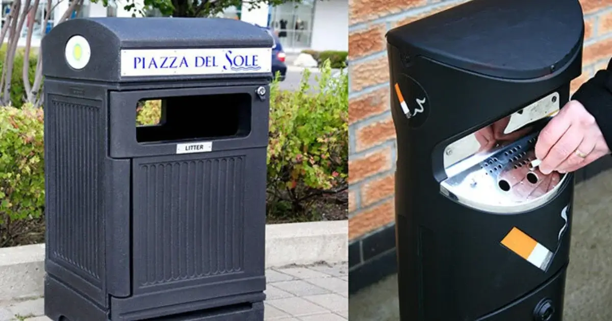 Outdoor garbage bin and cigarette disposal unit.